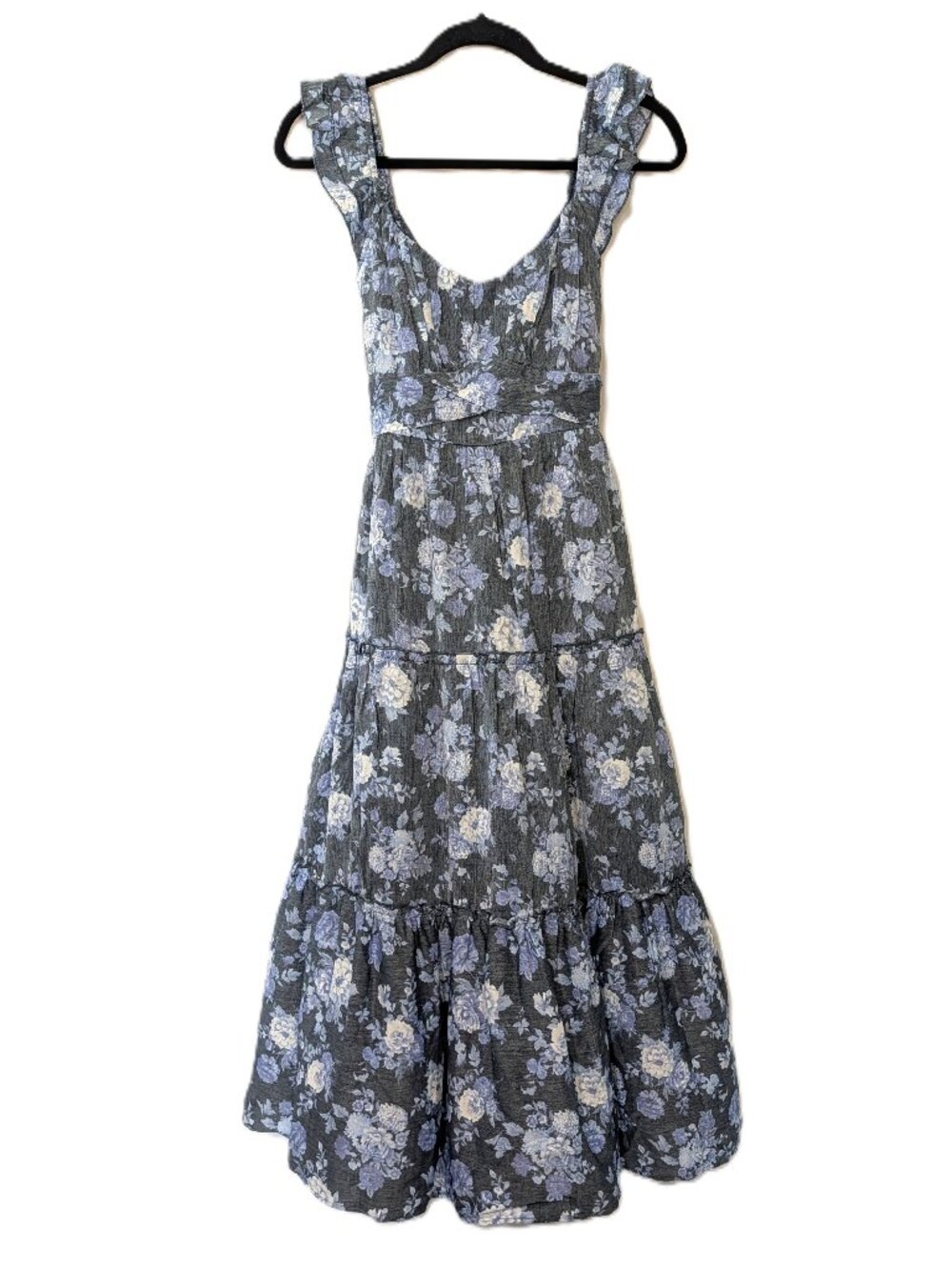 NWT Trixxi Francescas Christabel Blue Floral Tiered Midi Dress Tie Back Large